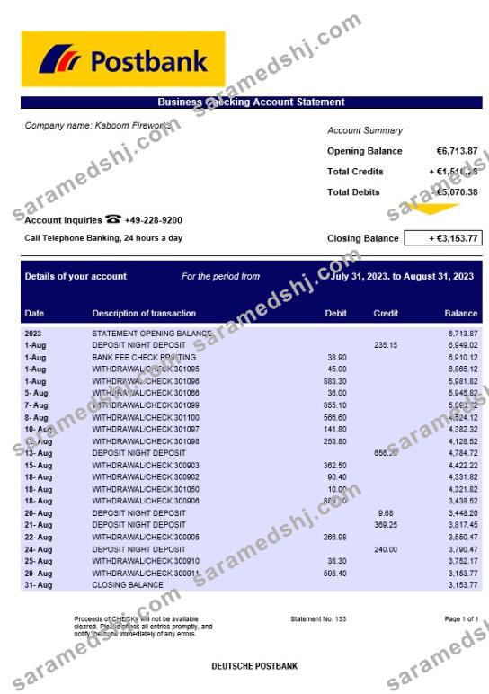 Deutsche Postbank corporate checking account statement Word and PDF template